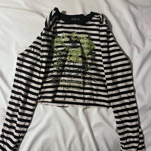Striped Long Sleeve Tee With Green Glittery Graphic Design